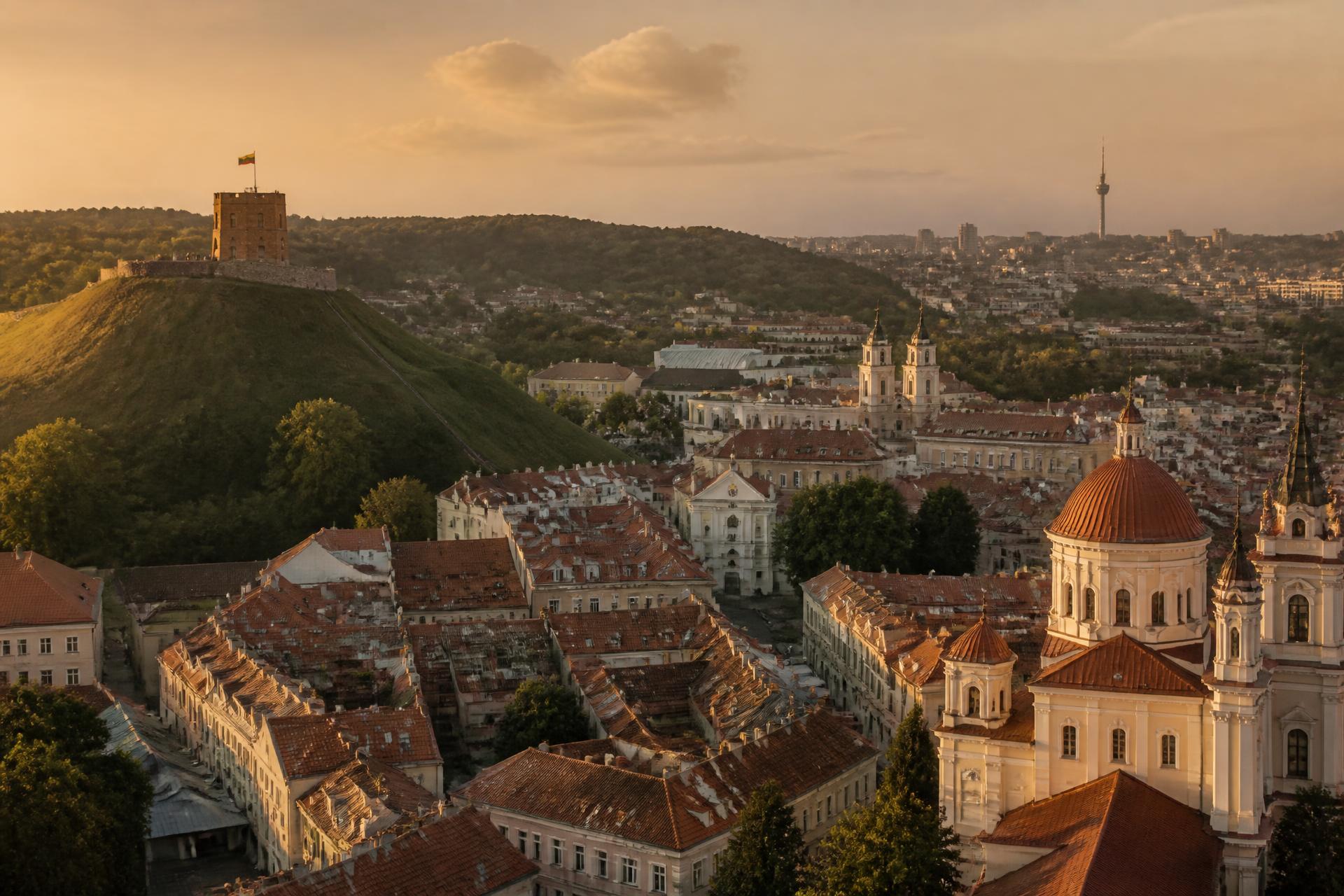 Vilnius Old Town with Gediminas Tower at golden hour